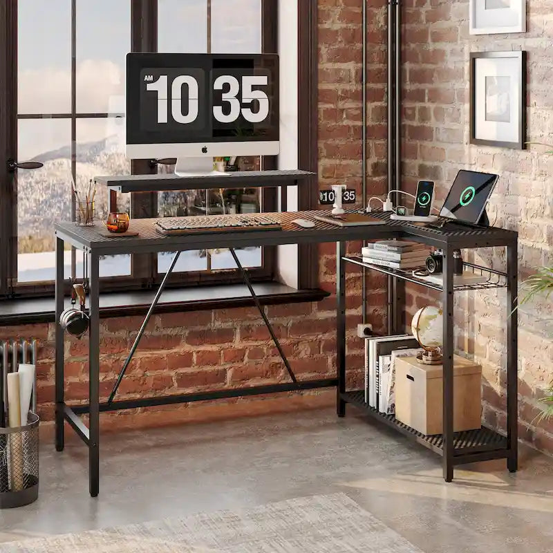 Bureau d'angle réversible avec LED, prises de courant et support d'écran - Bureau d'ordinateur
