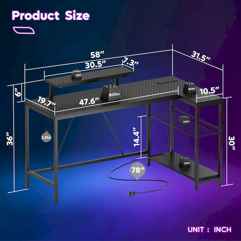 Bureau d'angle réversible avec LED, prises de courant et support d'écran - Bureau d'ordinateur