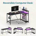 Bureau d'angle réversible avec LED, prises de courant et support d'écran - Bureau d'ordinateur