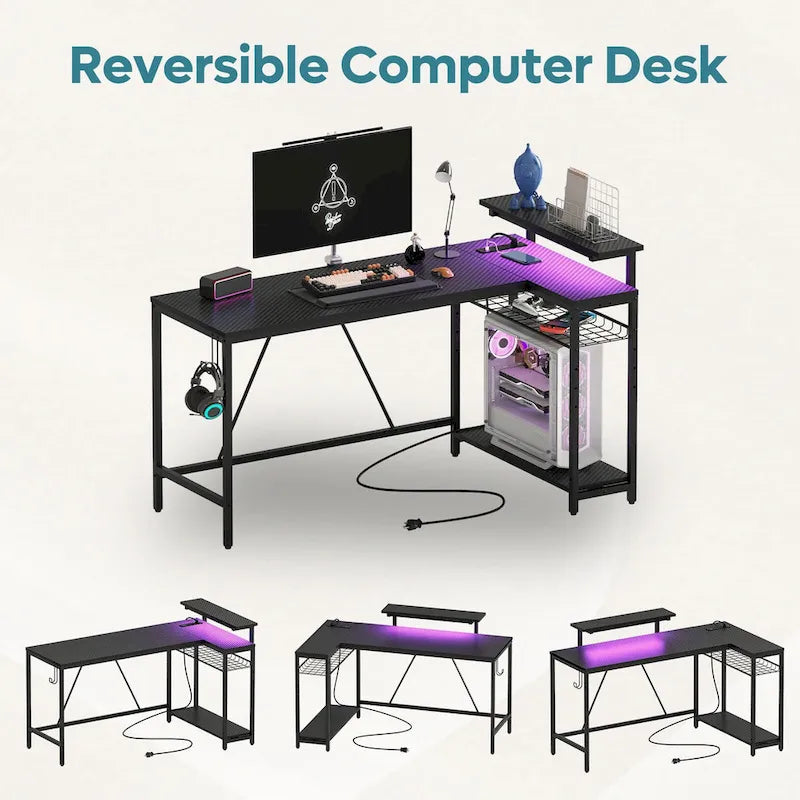Bureau d'angle réversible avec LED, prises de courant et support d'écran - Bureau d'ordinateur