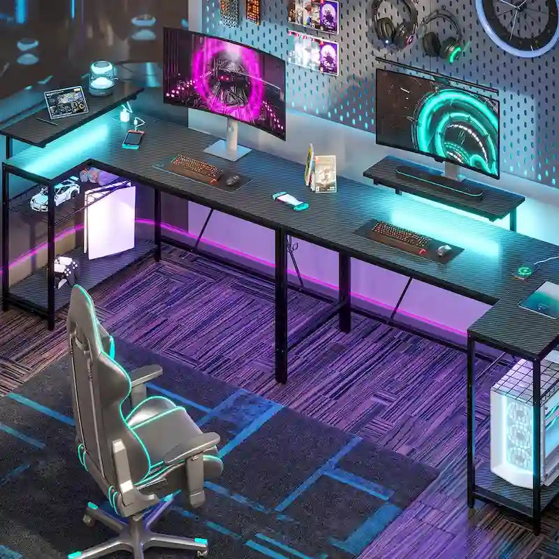Bureau d'angle réversible avec LED, prises de courant et support d'écran - Bureau d'ordinateur