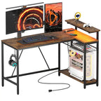Bureau d'angle réversible avec LED, prises de courant et support d'écran - Bureau d'ordinateur