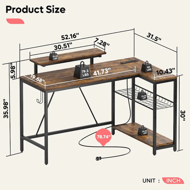 Bureau d'angle réversible avec LED, prises de courant et support d'écran - Bureau d'ordinateur