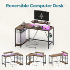 Bureau d'angle réversible avec LED, prises de courant et support d'écran - Bureau d'ordinateur