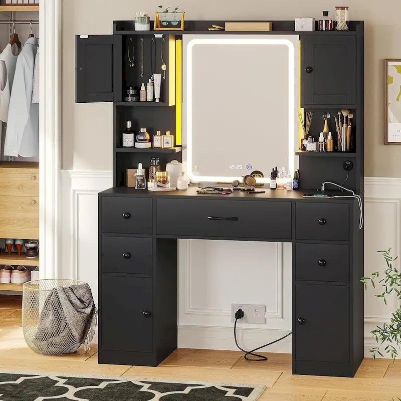 Coiffeuse 5 tiroirs avec miroir tactile et affichage de l'heure