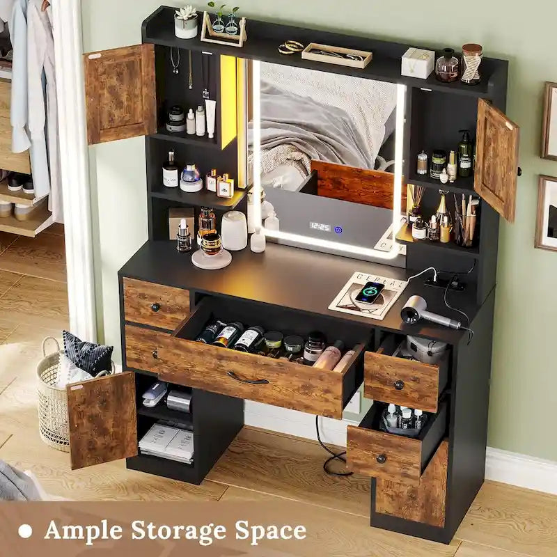 Coiffeuse 5 tiroirs avec miroir tactile et affichage de l'heure