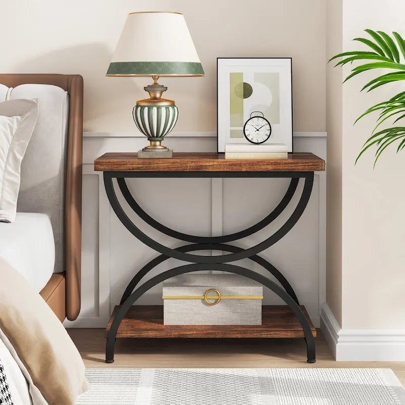 Table d'appoint ou de chevet à 2 niveaux rectangulaire en bois et métal