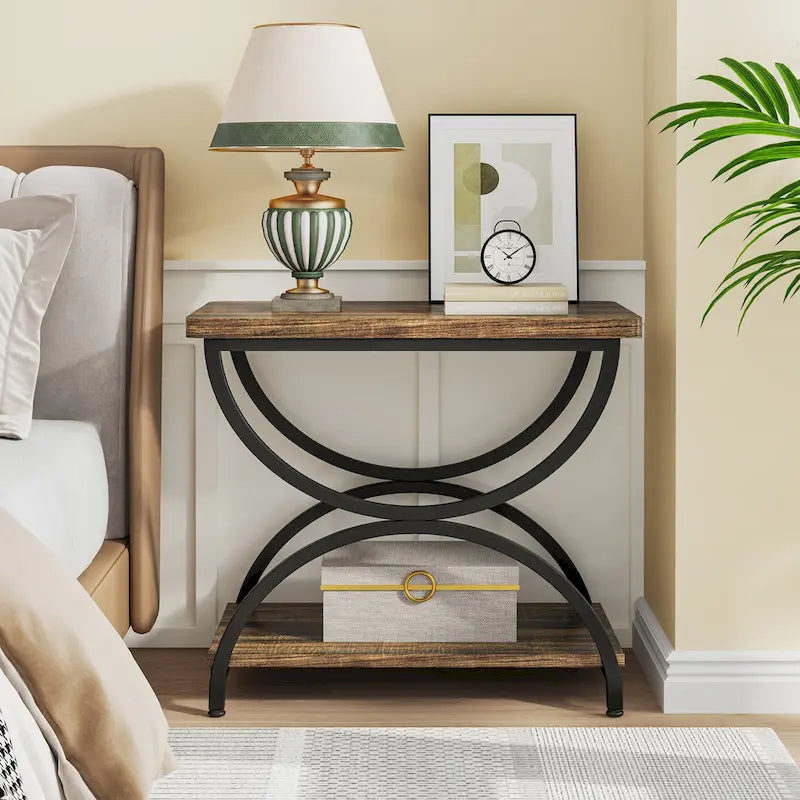 Table d'appoint ou de chevet à 2 niveaux rectangulaire en bois et métal