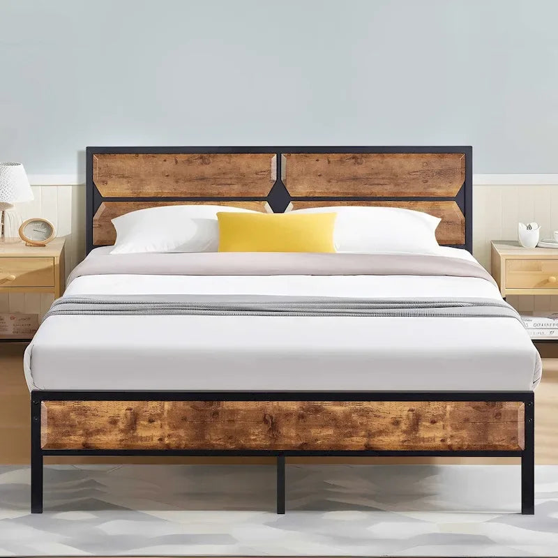 Cadre de lit plateforme double/grand/très grand avec tête de lit en bois, matelas sans ressort requis, facile à assembler.