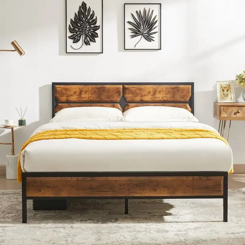 Cadre de lit plateforme double/grand/très grand avec tête de lit en bois, matelas sans ressort requis, facile à assembler.