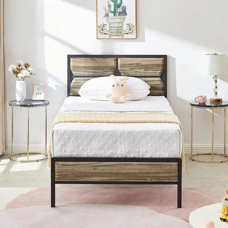 Cadre de lit plateforme double/grand/très grand avec tête de lit en bois, matelas sans ressort requis, facile à assembler.