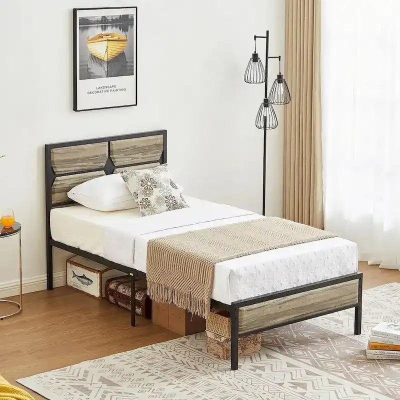 Cadre de lit plateforme double/grand/très grand avec tête de lit en bois, matelas sans ressort requis, facile à assembler.