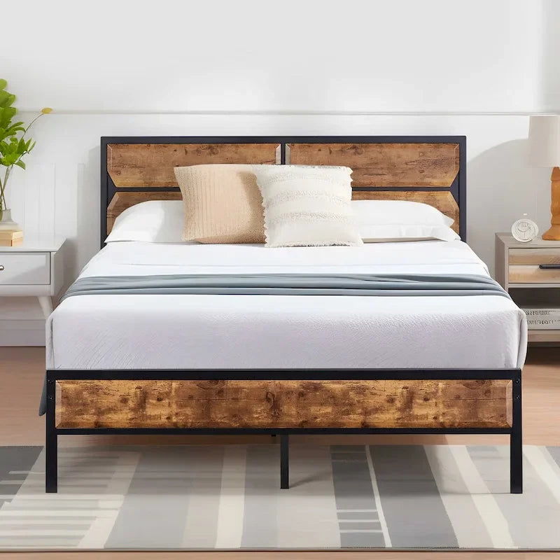 Cadre de lit plateforme double/grand/très grand avec tête de lit en bois, matelas sans ressort requis, facile à assembler.