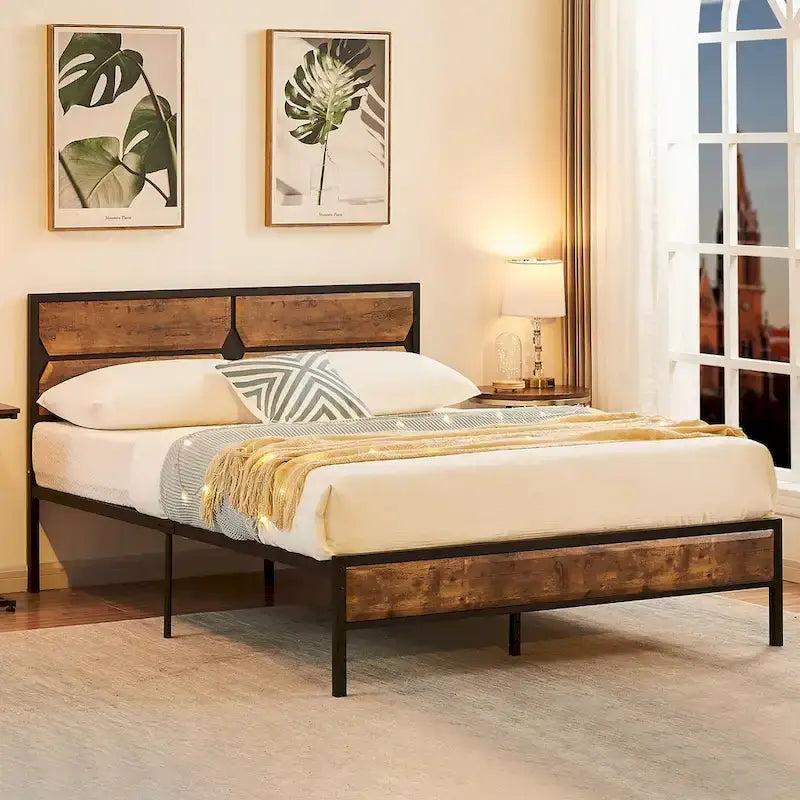Cadre de lit plateforme double/grand/très grand avec tête de lit en bois, matelas sans ressort requis, facile à assembler.