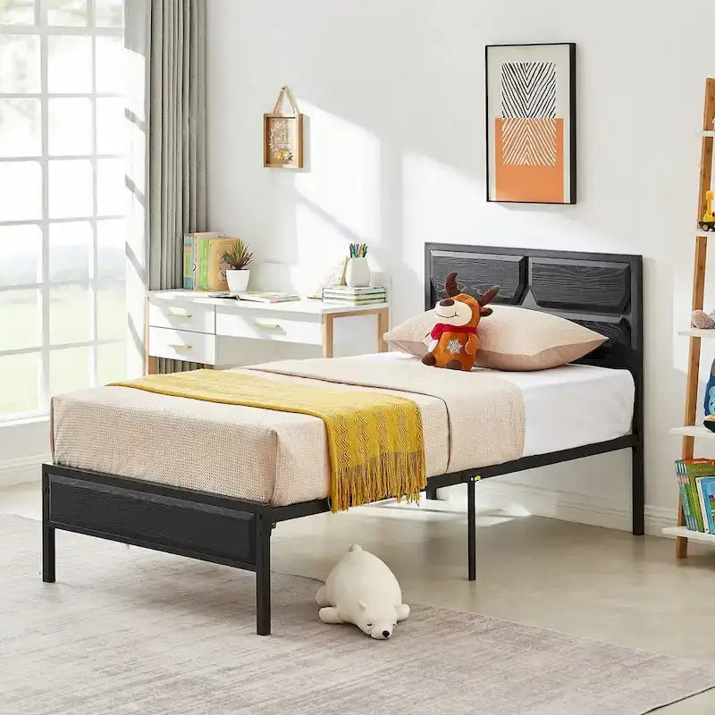 Cadre de lit plateforme double/grand/très grand avec tête de lit en bois, matelas sans ressort requis, facile à assembler.
