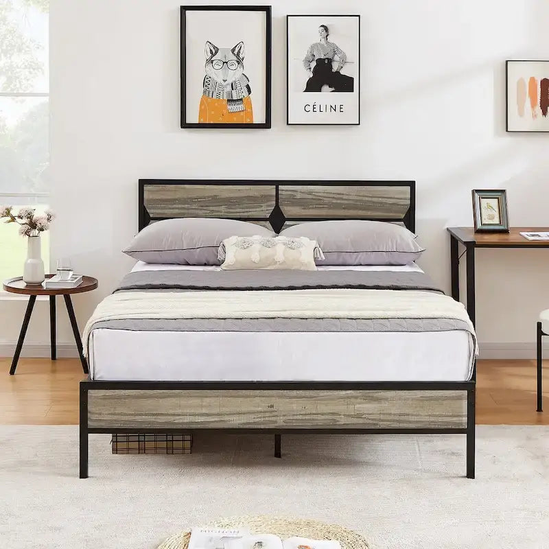 Cadre de lit plateforme double/grand/très grand avec tête de lit en bois, matelas sans ressort requis, facile à assembler.