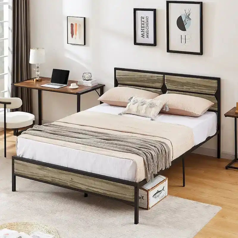 Cadre de lit plateforme double/grand/très grand avec tête de lit en bois, matelas sans ressort requis, facile à assembler.