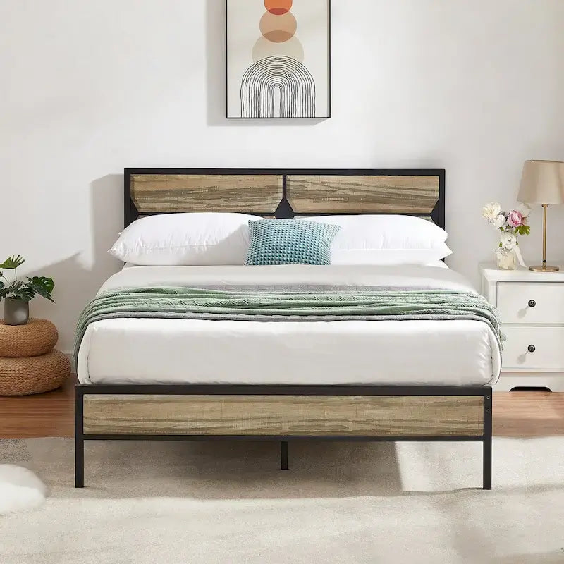 Cadre de lit plateforme double/grand/très grand avec tête de lit en bois, matelas sans ressort requis, facile à assembler.