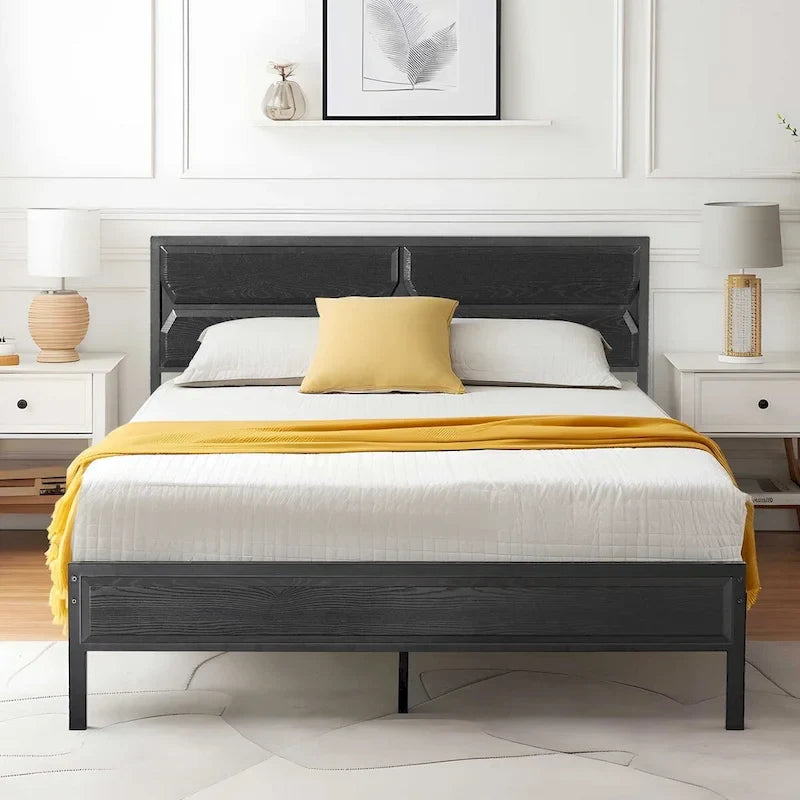 Cadre de lit plateforme double/grand/très grand avec tête de lit en bois, matelas sans ressort requis, facile à assembler.