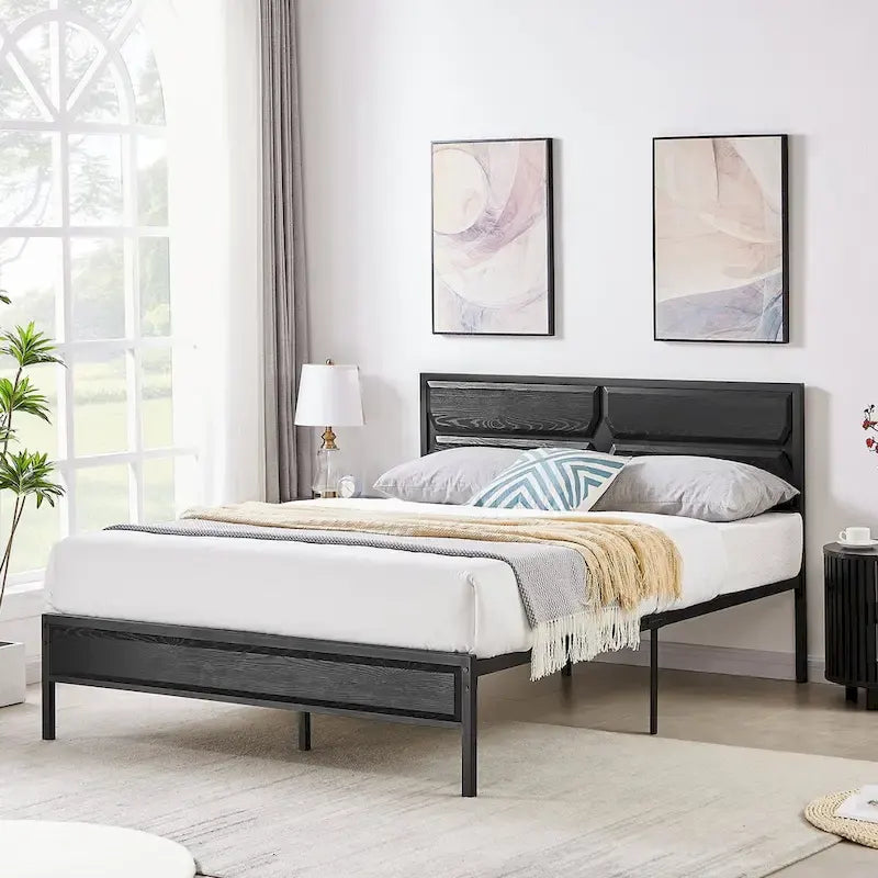 Cadre de lit plateforme double/grand/très grand avec tête de lit en bois, matelas sans ressort requis, facile à assembler.