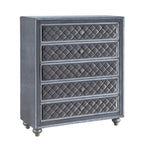 Commode à 5 tiroirs de 49 po de hauteur, poignées en cristal, velours gris lisse