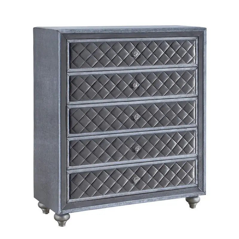 Commode à 5 tiroirs de 49 po de hauteur, poignées en cristal, velours gris lisse