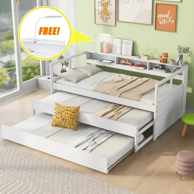Lit de repos en bois avec 2 lits gigognes, 3 compartiments de rangement, 1 lampe gratuite et port de chargement USB