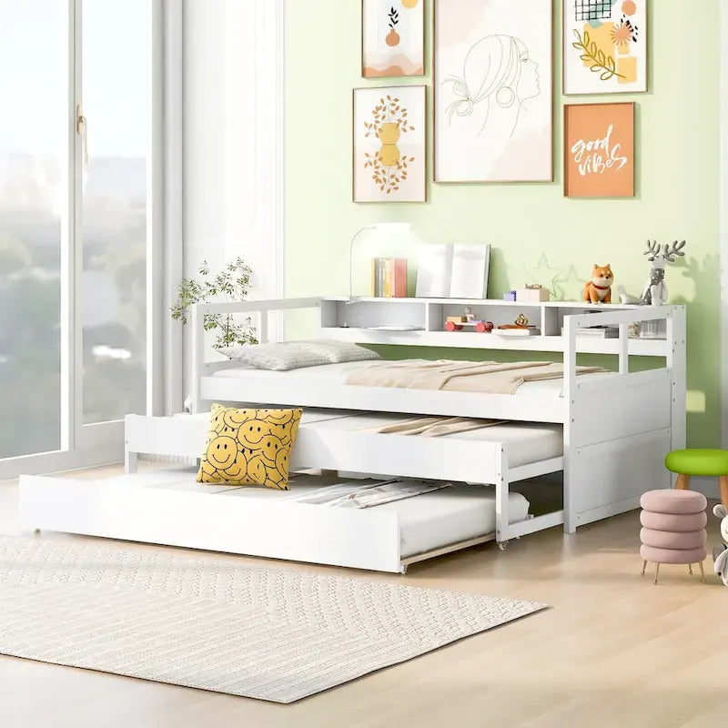 Lit de repos en bois avec 2 lits gigognes, 3 compartiments de rangement, 1 lampe gratuite et port de chargement USB
