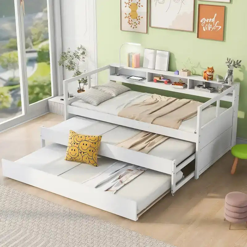 Lit de repos en bois avec 2 lits gigognes, 3 compartiments de rangement, 1 lampe gratuite et port de chargement USB