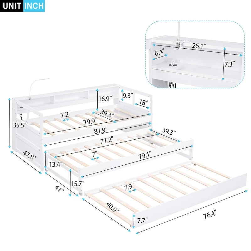 Lit de repos en bois avec 2 lits gigognes, 3 compartiments de rangement, 1 lampe gratuite et port de chargement USB