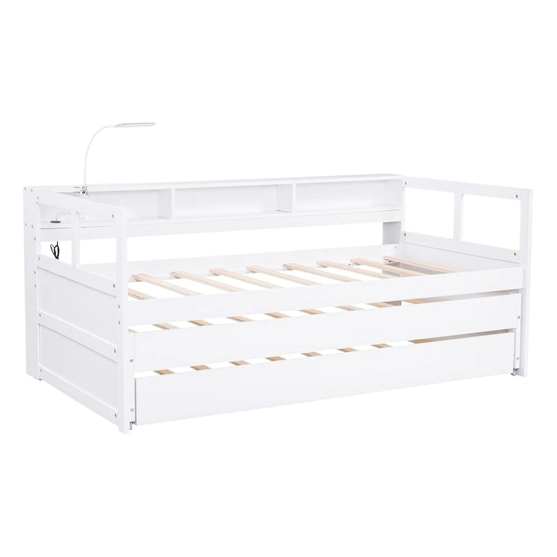 Lit de repos en bois avec 2 lits gigognes, 3 compartiments de rangement, 1 lampe gratuite et port de chargement USB