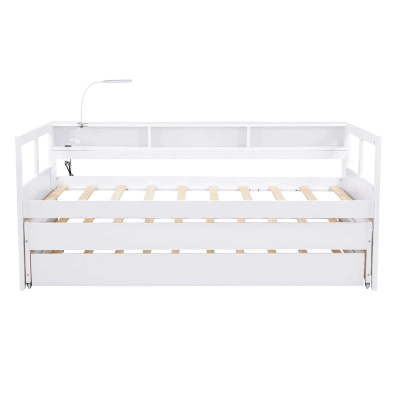 Lit de repos en bois avec 2 lits gigognes, 3 compartiments de rangement, 1 lampe gratuite et port de chargement USB