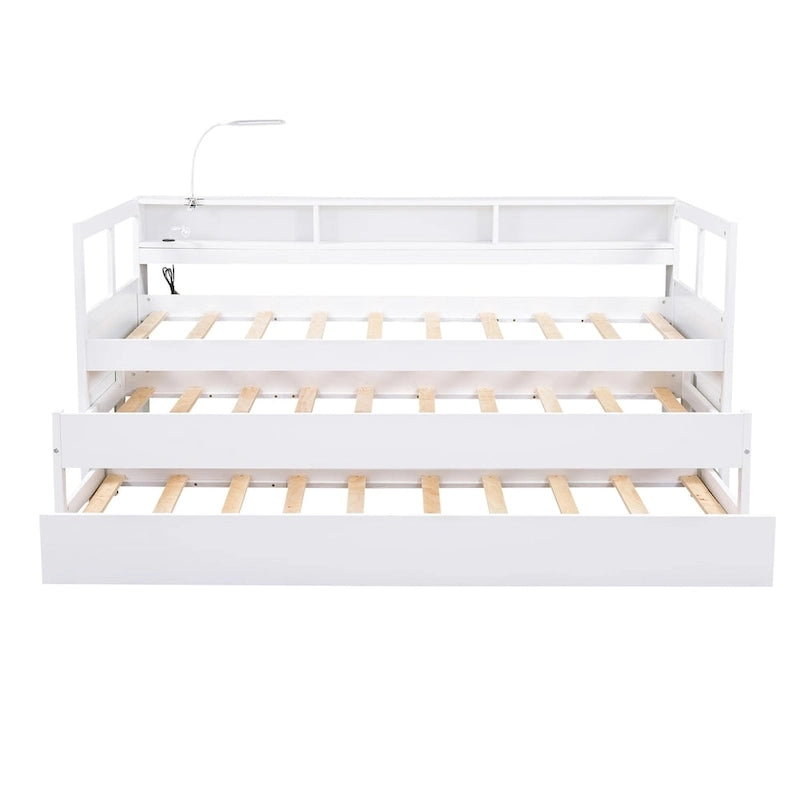 Lit de repos en bois avec 2 lits gigognes, 3 compartiments de rangement, 1 lampe gratuite et port de chargement USB