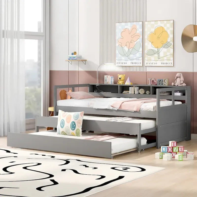 Lit de repos en bois avec 2 lits gigognes, 3 compartiments de rangement, 1 lampe gratuite et port de chargement USB