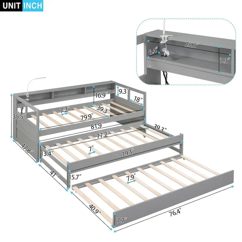 Lit de repos en bois avec 2 lits gigognes, 3 compartiments de rangement, 1 lampe gratuite et port de chargement USB