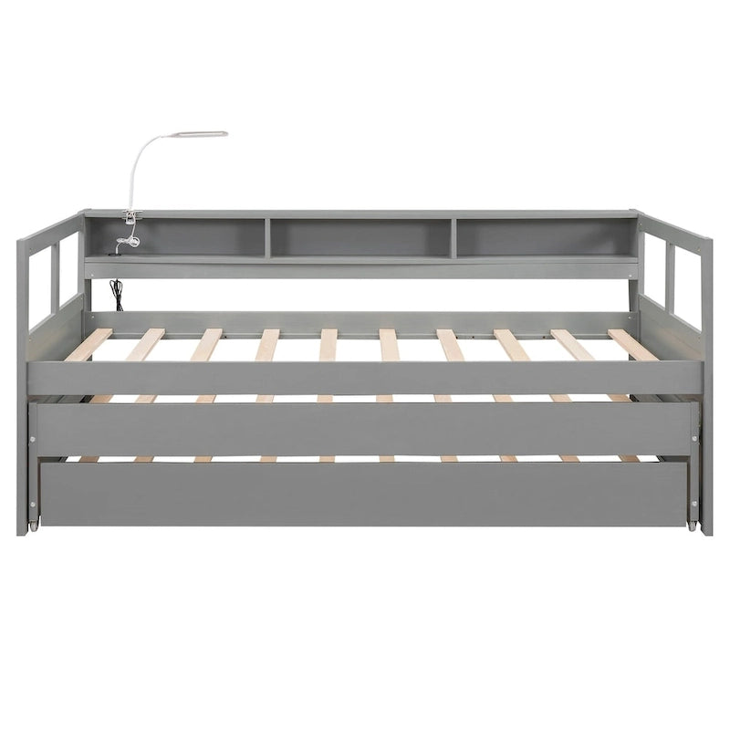 Lit de repos en bois avec 2 lits gigognes, 3 compartiments de rangement, 1 lampe gratuite et port de chargement USB