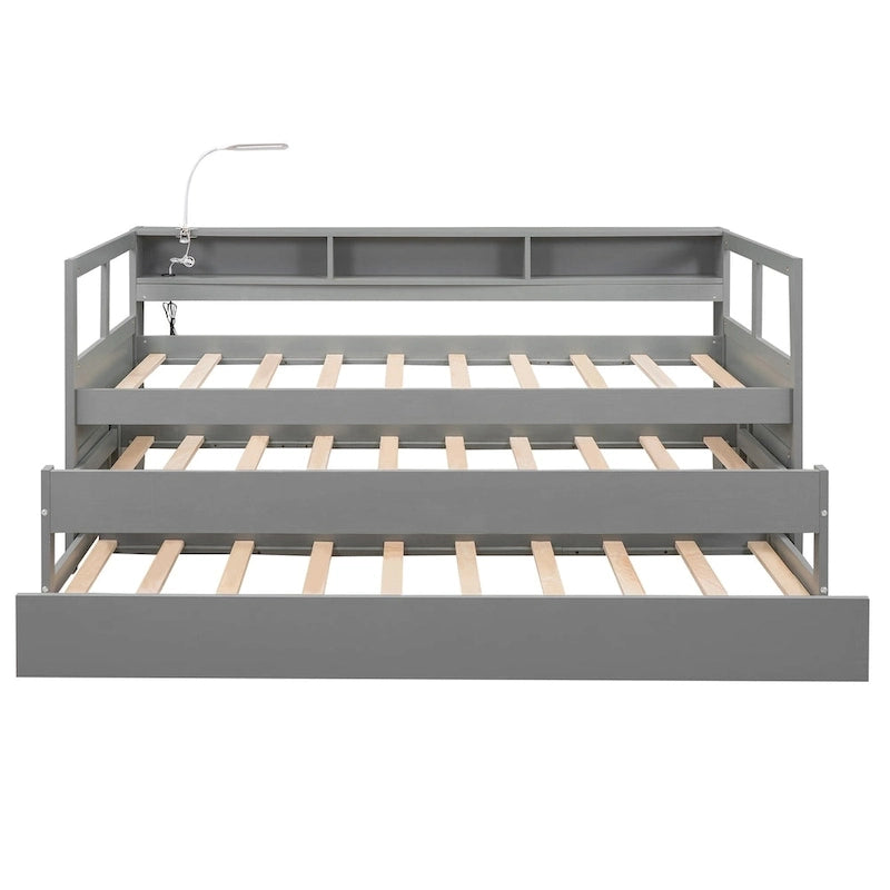 Lit de repos en bois avec 2 lits gigognes, 3 compartiments de rangement, 1 lampe gratuite et port de chargement USB