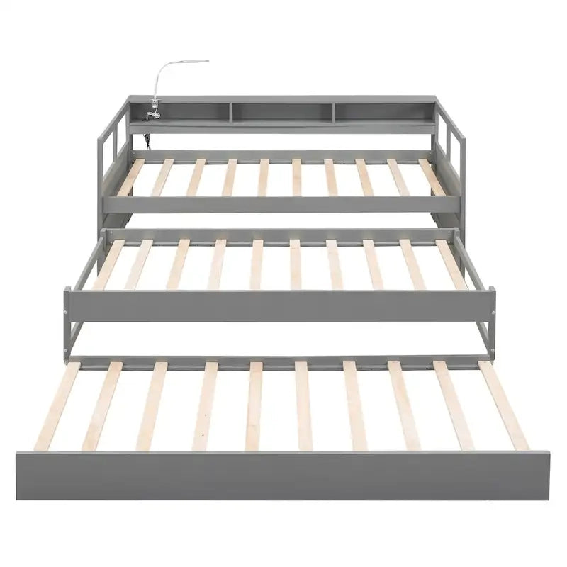 Lit de repos en bois avec 2 lits gigognes, 3 compartiments de rangement, 1 lampe gratuite et port de chargement USB