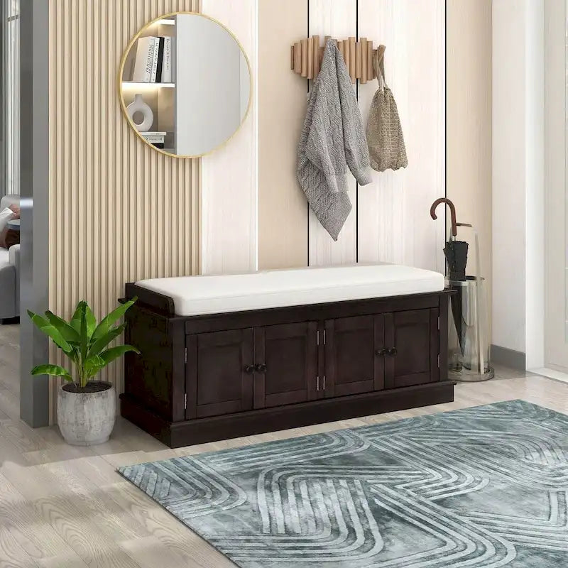 42.70 Banc de rangement rembourré polyvalent et moderne pour entrée avec 4 portes, étagères réglables et range-chaussures