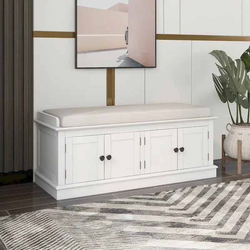 42.70 Banc de rangement rembourré polyvalent et moderne pour entrée avec 4 portes, étagères réglables et range-chaussures