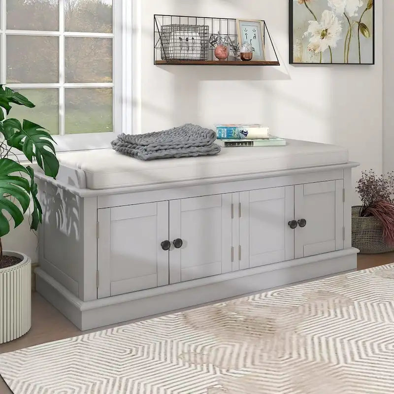 42.70 Banc de rangement rembourré polyvalent et moderne pour entrée avec 4 portes, étagères réglables et range-chaussures