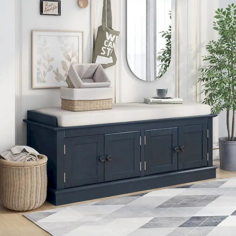 42.70 Banc de rangement rembourré polyvalent et moderne pour entrée avec 4 portes, étagères réglables et range-chaussures