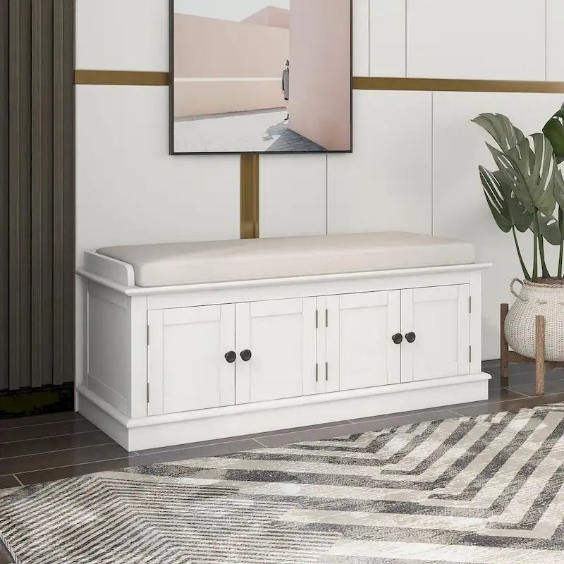 42.70 Banc de rangement rembourré polyvalent et moderne pour entrée avec 4 portes, étagères réglables et range-chaussures