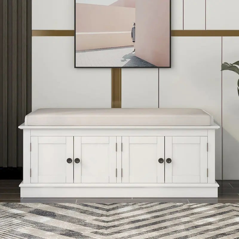 42.70 Banc de rangement rembourré polyvalent et moderne pour entrée avec 4 portes, étagères réglables et range-chaussures