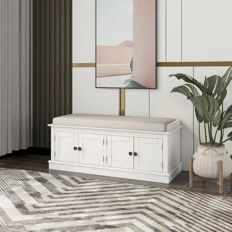 42.70 Banc de rangement rembourré polyvalent et moderne pour entrée avec 4 portes, étagères réglables et range-chaussures