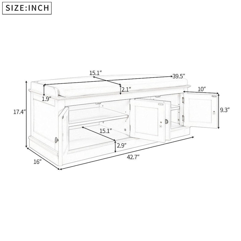 42.70 Banc de rangement rembourré polyvalent et moderne pour entrée avec 4 portes, étagères réglables et range-chaussures