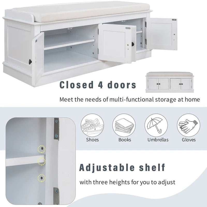 42.70 Banc de rangement rembourré polyvalent et moderne pour entrée avec 4 portes, étagères réglables et range-chaussures