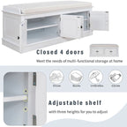 42.70 Banc de rangement rembourré polyvalent et moderne pour entrée avec 4 portes, étagères réglables et range-chaussures