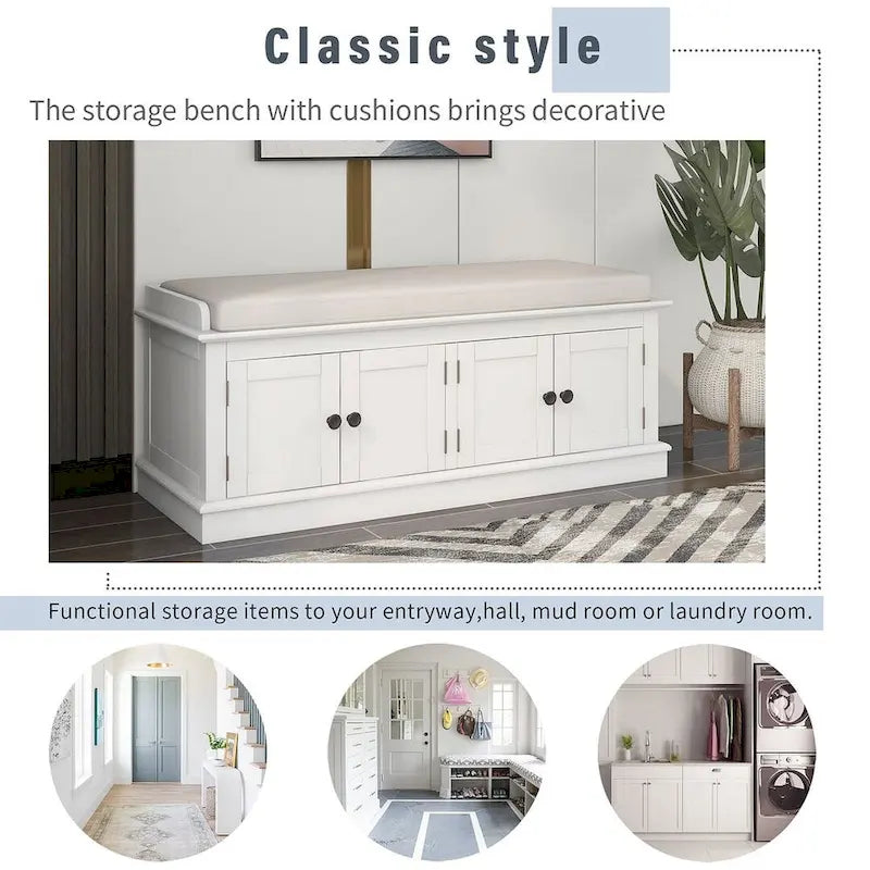 42.70 Banc de rangement rembourré polyvalent et moderne pour entrée avec 4 portes, étagères réglables et range-chaussures