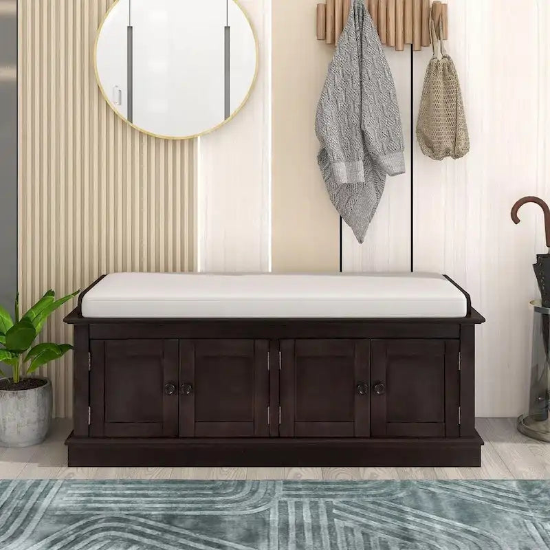 42.70 Banc de rangement rembourré polyvalent et moderne pour entrée avec 4 portes, étagères réglables et range-chaussures